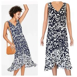 Boden Elisa Navy & White Floral Ruffle Hem Jersey Dress Size 8R
